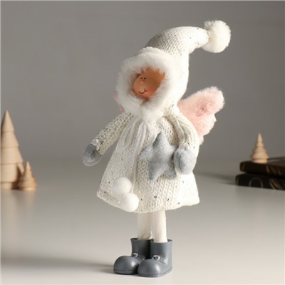Кукла интерьерная "Ангелочек Еся в белом вязаном платье, с капюшоном-колпаком" 34 см