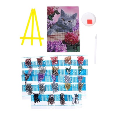 Алмазная мозаика с частичным заполнением на подставке «Кот в цветах», 13 х 19 см, картон