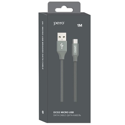 Кабель PERO DC-02, microUSB - USB, 2 А, 1 м, тканевая оплетка, серый