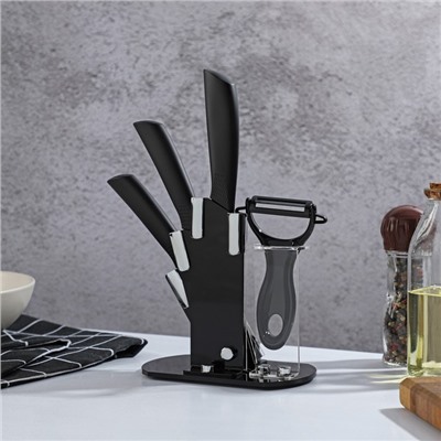 Набор ножей на подставке Magistro Black, 4 предмета: 3 ножа, овощечистка, цвет чёрный