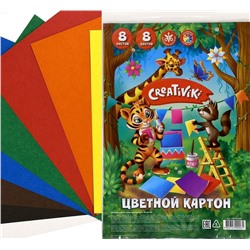 Картон цветной немелованный  А4, 8 цветов 8 листов, 190 г/м2, с европодвесом,Creativiki