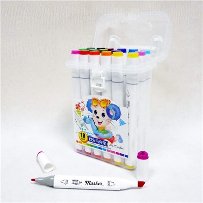 Скетч-маркеры двусторонние, кистевой и скошенный наконечник. Набор 18цветов в пластиковой коробке No:ZS-222
