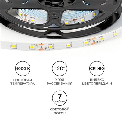 Светодиодная лента Apeyron 12В, SMD2835, 5 м, IP20, 4.8Вт/м, 60 LED/м, 4000К