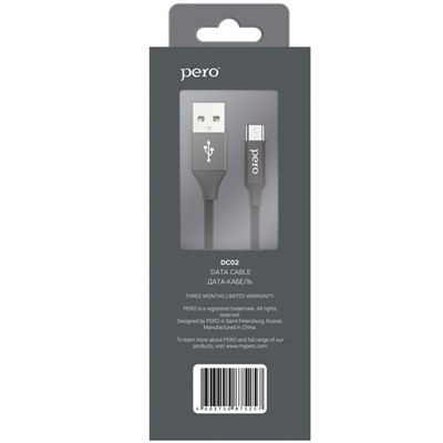 Кабель PERO DC-02, microUSB - USB, 2 А, 1 м, тканевая оплетка, черный