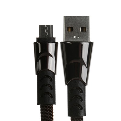 Кабель MicroUSB - USB, 2.4 А, оплётка ткань, плоский, 1 метр, чёрный