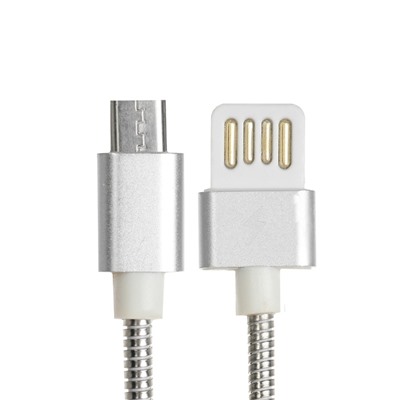 Кабель MicroUSB - USB, 2.1 А, металлическая оплётка, 1 метр, серебристый