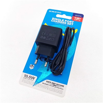 Адаптер сетевой Borofone BAS11A USB+кабель Type-C цв.черный(5V, 2.1A,10.5W,блистер)