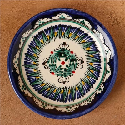 Тарелка Риштанская Керамика "Цветы", синяя, плоская, 15 см, микс