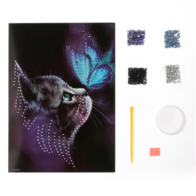 Алмазная мозаика с частичным заполнением на картонной основе «Котик и бабочка», 21 х 30 см