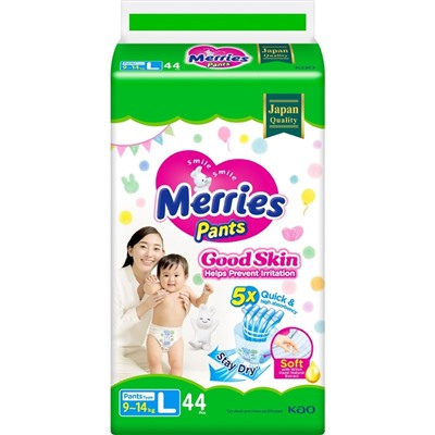 Подгузники-трусики Merries Good Skin, L 9-14 кг, 44 шт