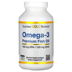 California Gold Nutrition, омега-3, рыбий жир премиального качества, 180 мг ЭПК / 120 мг ДГК, 240 капсул из рыбьего желатина