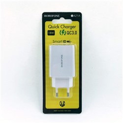 Адаптер сетевой QC3.0 Borofone BA21A USB цв.белый(блистер)