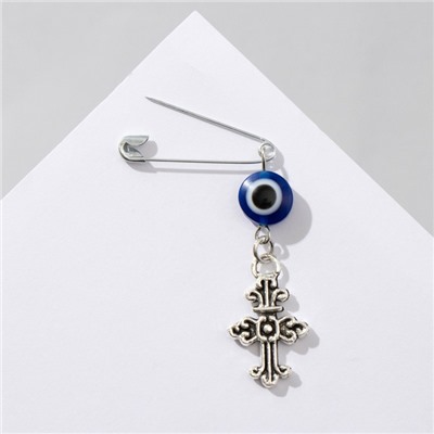 Булавка-оберег "Защита от сглаза", крест, 2,2 см, цвет бело-синий в серебре