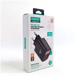 Адаптер сетевой QC3.0+PD FaizFull FC82 USB+Type-C цв.черный(коробка/дисплей)