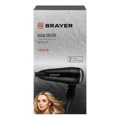 Фен BRAYER 3024BR, 1600 Вт, 2 скорости, 1 температурный режим, концентратор, чёрный